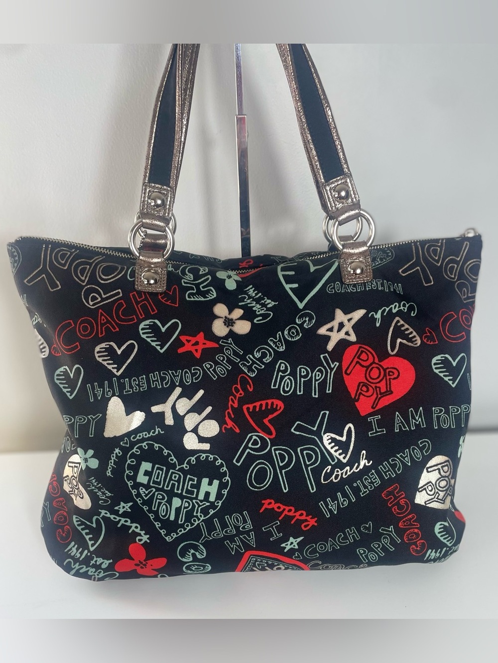 Coach Poppy Black Tote with Red, White and Silver Accents - Picture 10 of 15